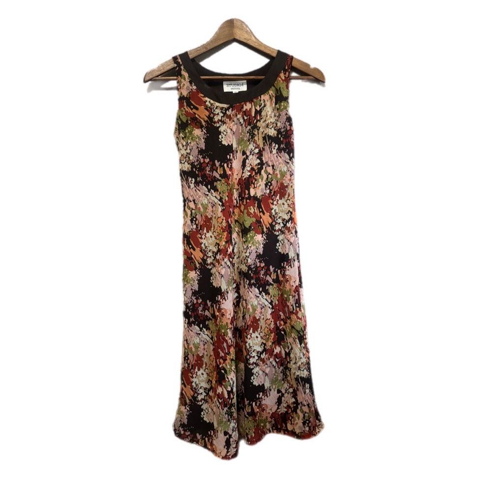 Studio‎ I Petite Midi Dress Women 4P Brown Floral Excellent Abstract Sleeveless